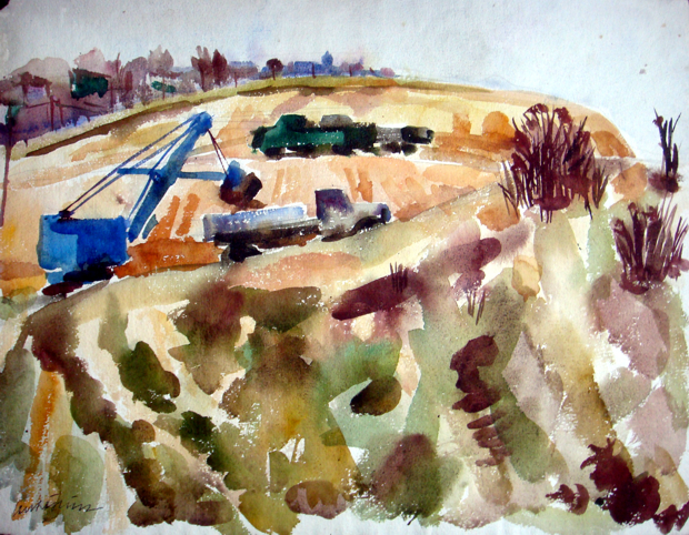 Jan Rajlich st.: Bagrování Úvozu v Kraví hoře, akvarel, 1957