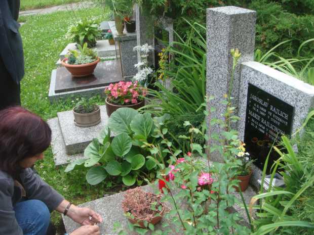 Na novém dírenském hřbitově: Jana Pichlová-Rajlichová z Borových Lad u hrobu svého strýce a tety Jaroslava a Marie Rajlichových