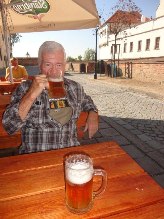John Reilich drinking the Starobrno beer in the Spilberk fortress in Brno