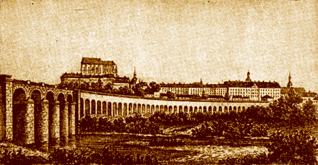 Brno v roce 1839 s mnohasetmetrovým viaduktem nové železniční trati do Vídně
